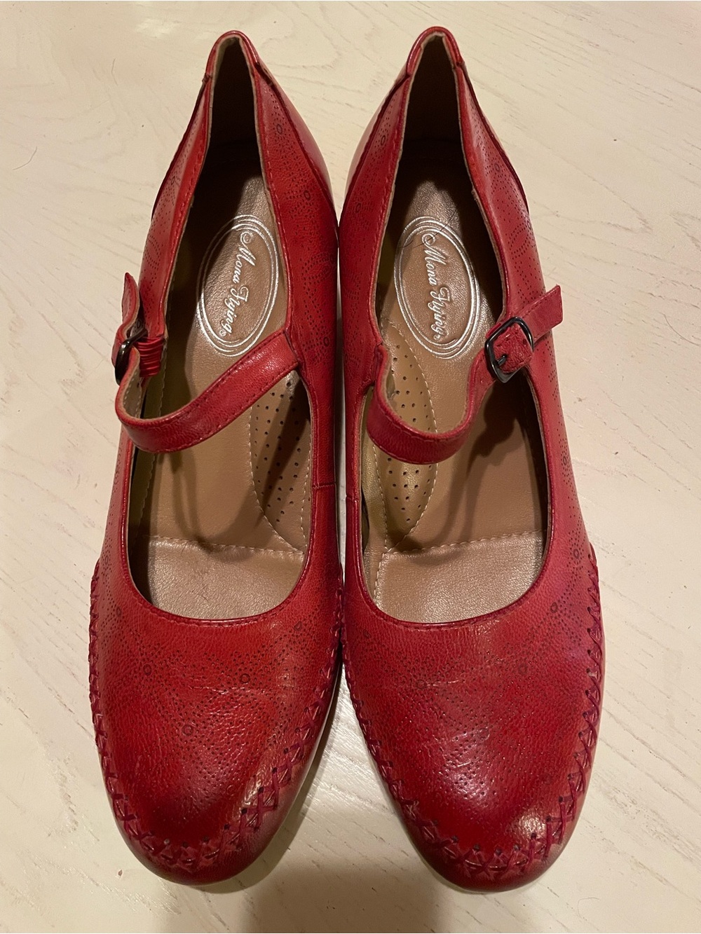 Mona Flying Mary Jane Wedge in Red with Buckle Strap